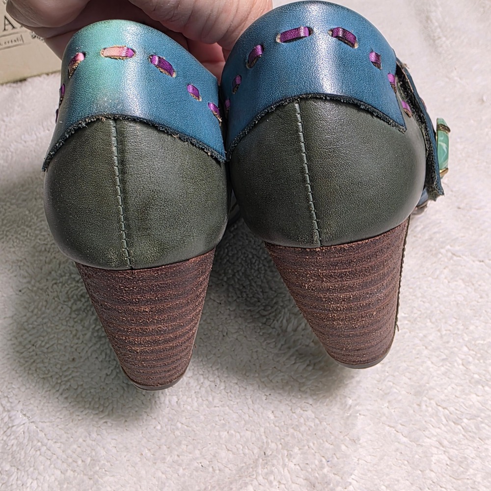 L'Artiste Wondrous Turquoise Green Blue Leather Booties Heels Womens 38 7 NEW - Picture 5 of 10